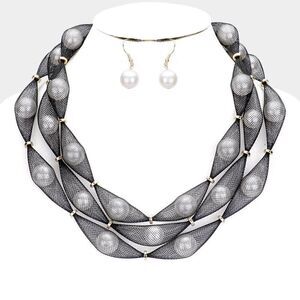 Triple Mesh Black Tube White Pearl Collar Necklace Set